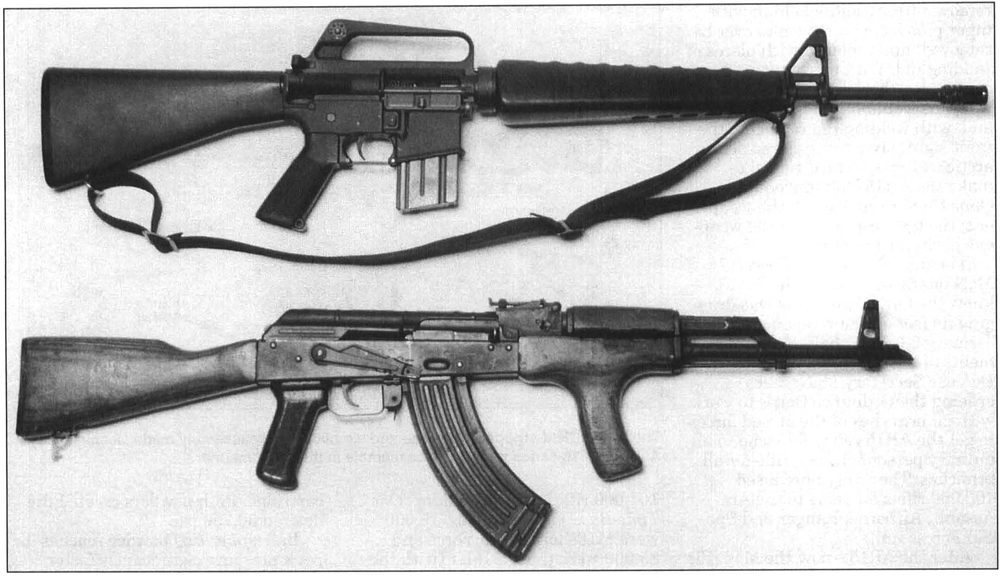Which is the better assault rifle? The M16A1 (top) or the AKM/AK47 (bottom)? Both are the most prolific military rifles of the last half of the 20th century; the most tested and most produced all over the world. Author feels hands-down winner is the M16 series.