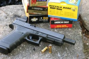 The author’s 10mm hunting setup includes a Glock G20 Gen4 SF with a 6-inch barrel and Leupold Delta Point reflex sight.