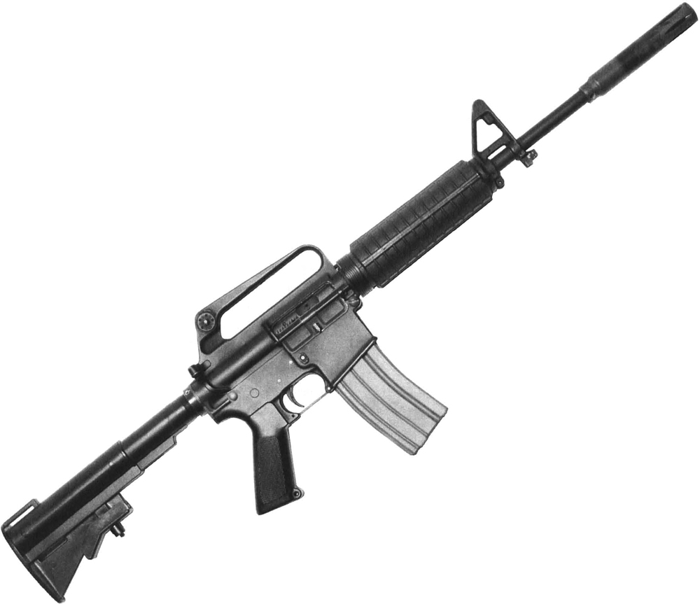 The CAR15 (Colt Automatic Rifle 15) gained major popularity with the development of the new M4 and M4A1 carbine. Note the telescoping stock and the shorter barrel. Most CAR15 rifles were issued with a 14.5-inch barrel.