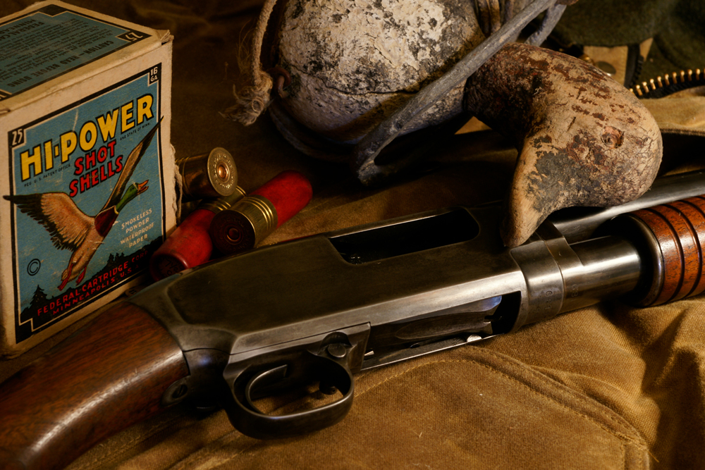 A 16-gauge pump gun is a thing of ergonomic beauty. This one is a Winchester Model 12, from the 1930s.