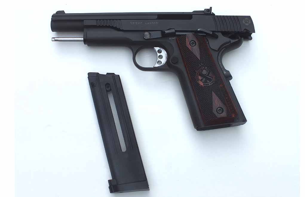 Magazines are polymer and available in both single and double stack. Both versions have a 12-shot capacity. The follower has a hole accessible through a slot in the magazine for a loading button. 