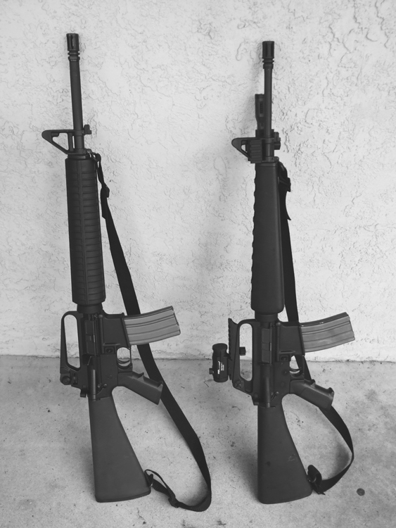 On the left, the Del-Ton AR-15A2, on the right the Century International Arms C15A1. Note the shorter overall length of the C15A1 versus the A2 Del-Ton. The C15A1 has been set up for multiple patrol and entry duties with the addition of an Inova carbon fiber tactical light on a Midwest Industries tower sight rail adaptor. A SIG mini red dot sight has been mounted on the carry handle via a Tapco carry handle rail adaptor. The author used the lightest weight red dot and light available so as not to destroy the near perfect weight and balance of the original M16A1 rifle configuration.