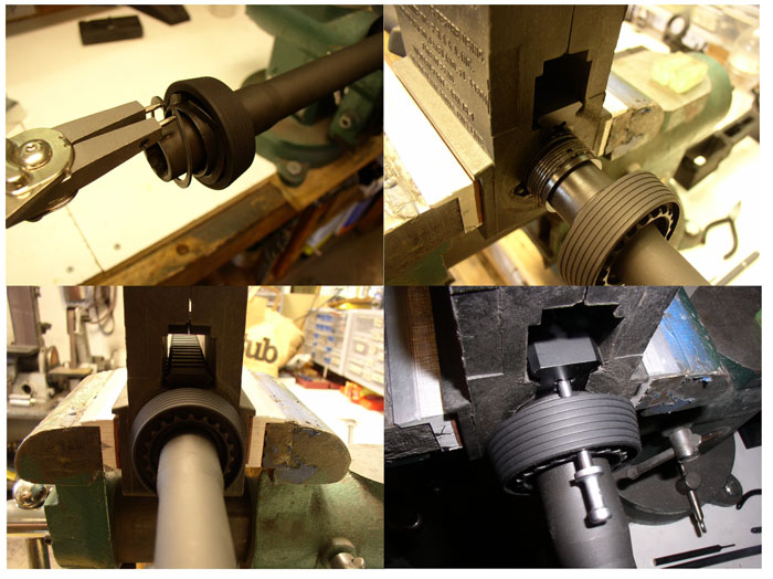 (Clockwise starting upper left) 1. Completing the delta ring assembly is much easier with a snap ring pliers. Use plenty of anti-seize to ensure the threads do not get galled and installation is smooth. 2. This nut is now “oomph” tight, at 30 foot pounds. It now just needs to be tightened until the next nut “scallop” is aligned with the gas tube hole in the upper receiver. 3. A firing pin makes a handy gauge for aligning the holes through the delta ring, spring and snap ring, nut, and receiver