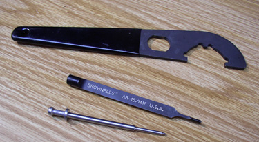 Three very handy tools for this segment are an M4 stock wrench (actually this one is completely necessary), a Brownells bolt catch pin punch, and a firing pin.