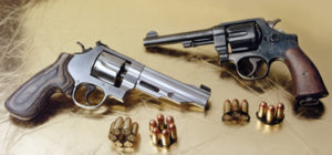 S&W pioneered the “half-moon” clip with their famed .45 caliber M1917 revolver (right). The new Performance Center M625 revolver continues this tradition with “full-moon” clip loading. PHOTOS BY JAMES WALTERS AND BUTCH SIMPSON