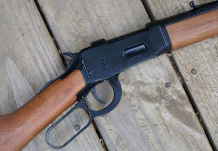 The clean, flat receiver of the Mossberg Model 464, showing the beefed-up receiver rings.