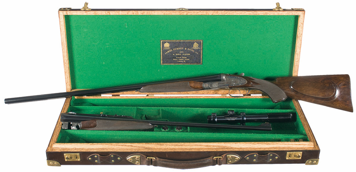 Excellent Cased Engraved Prurdey & Sons Two Barrel Set Double Barrel Shotgun and Rifle with Scope  sold $40,250
