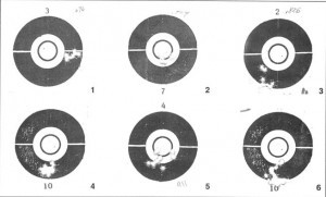 All these were shot through a Winchester 52D-chambered heavy barrel of 16 1/2-inch length fitted to a Browning .22 semi-auto rifle. Targets 1 and 2 show a best group of .424-inch — ten shots at 50 yards — and a more typical group at .67-inch made with excellent Eley Tenex target ammo. Targets 3 and 4 show a best of .483-inch and a typical .826-inch group, this time with CCI Standard Velocity cartridges. Targets 5 and 6 were made with Eley Subsonic hollowpoints — a typical .911-inch group and a best at .778-inch. This was an accurate .22 semi-auto, indeed.