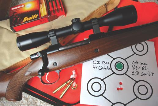 This 4x Cabela's scope, a 9.3x62 CZ 550, and Norma ammo are an accurate, deadly combination.