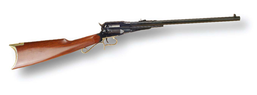 Probably less than 1,000 of the Remington Revolving Percussion Rifl e were made from about 1866-79 in .36- and .44 caliber. Larger cylinder and extra-long loading lever help identify authentic specimens. Although few were made, slight demand causes sales below $2,000 if in good condition. (This is a recreation from Traditions/Pietta.)