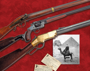 The William A. Jones Collection also contains many notable long arms. Here are three beauties (above). From top: pristine, unfired Jenks “Mule Ear” carbine; 320-caliber Smith & Wesson Revolving Rifle; brass-frame 1860 Henry repeating rifle with original cleaning rod still in butt compartment.