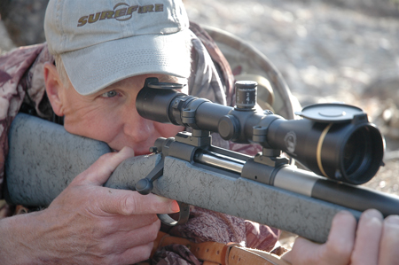 Author takes a bead with a Magnum Research rifle and Greybull-modified Leupold scope.