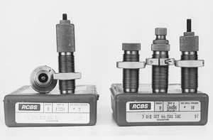 Reloading dies come in two basic formats–a two-die set for rifle cartridges and a three-die set for pistol and cast-bullet rifle loading.
