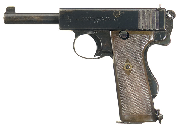 The Webley self-loading .455 pistol. It is not as awkward as it appears, but it certainly is not a paragon of simple design