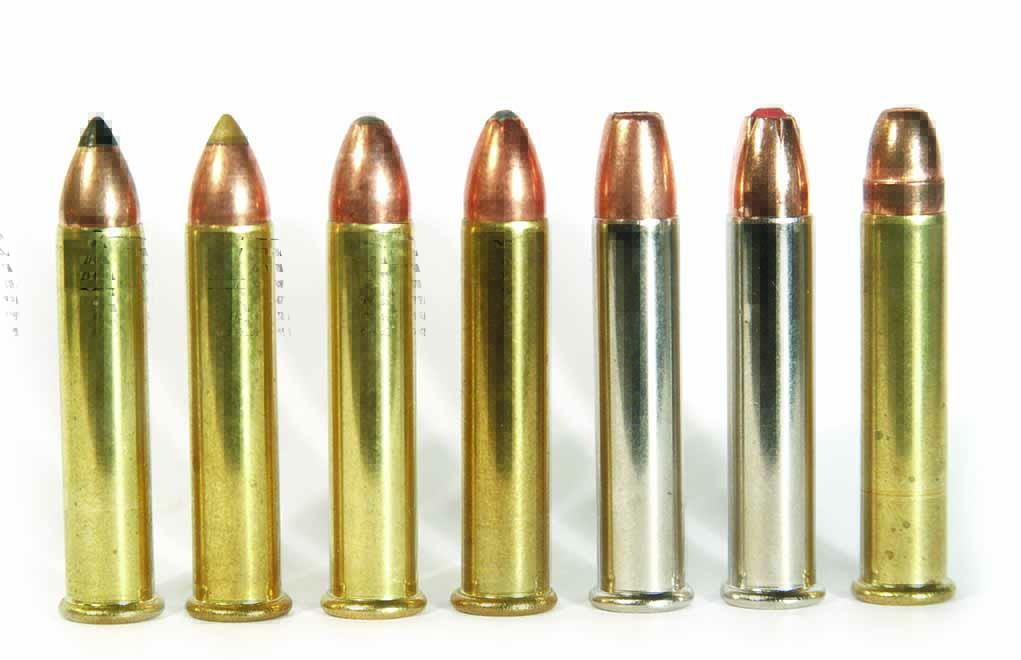 Many varieties of .22 WMR ammunition are available. Shown here are those that feature 30-grain polymer-tipped bullets (left) to 50-grain hollow-points (right) with 33-, 40- and 45-grain loads in between.