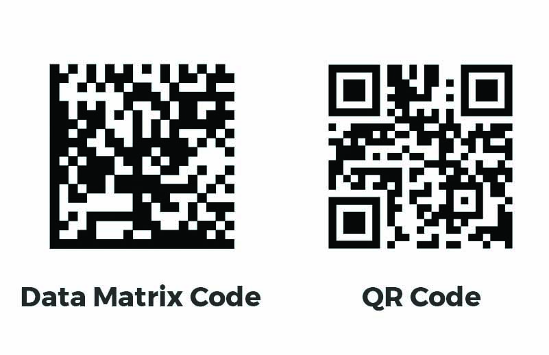 The 2D Matrix and QR Codes differ in appearance and use. The 2D Matrix (left) can be identified by the straight lines along the bottom and left sides. The QR Code (right) has three squares at the corners. Smartphone apps can scan the QR Code to link to websites or documents.
