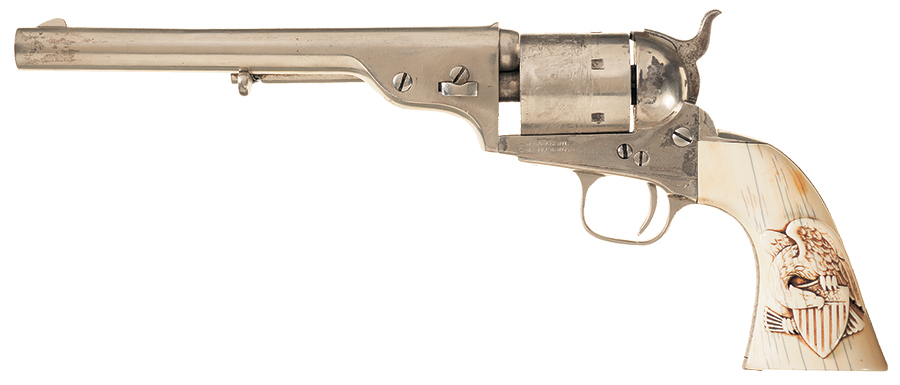 Colt Model 1871-72 Open Top Revolver with factory letter and eagle carved grip.