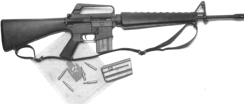 The Army/Marine version adopted towards the middle of the Vietnam War to serve the U.S. Marines (until 1983) and the Army (until 1986). Note the forward assist, magazine release fence “Boss” and the “bird cage” flash suppressor. Note the 25-meter zeroing target.
