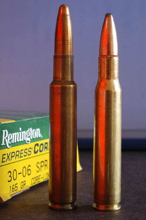 The .30-06 Improved (left) has the same headspace measure. 