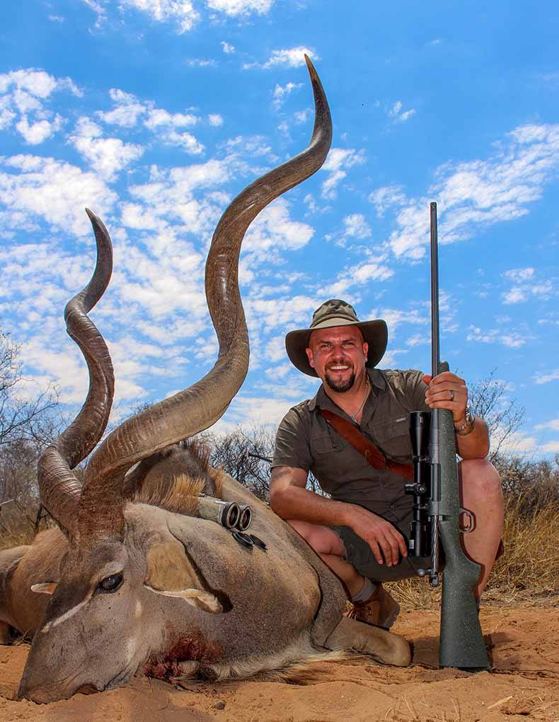 The author with a good South African kudu bull, taken cleanly with a Legendary Arms Works .300 Winchester Magnum.