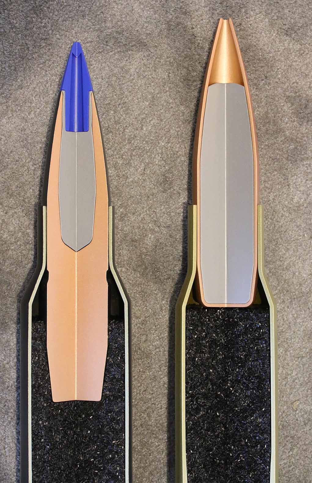 Here you can see the difference bullet weight makes. These two dummy cartridges show the distance a heavy bullet protrudes back into the case. This takes up case capacity, but since we are looking for subsonic performance with heavyweight bullets, reduced case capacity is a good thing.