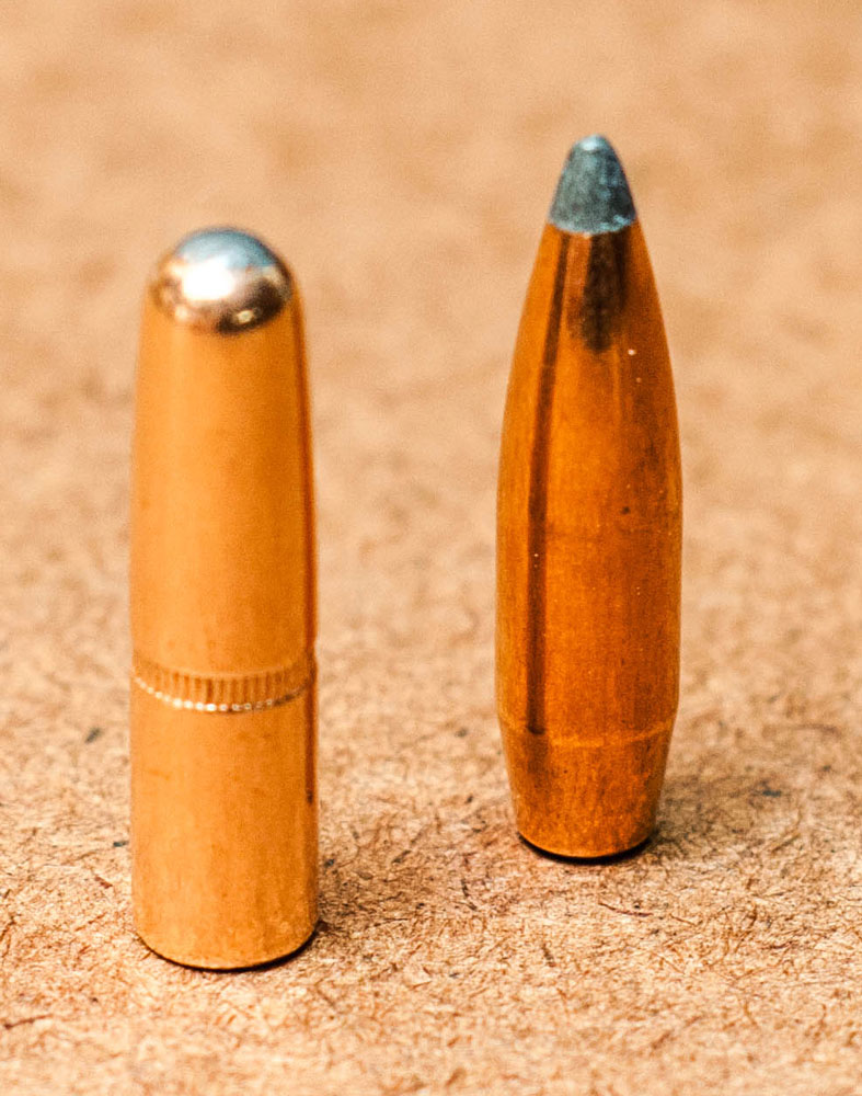 Round nose bullets have greater sectional density than spitzers. In the picture, the 220-grain round nose bullet is the same length as the 180-grain boat tail spitzer pictured.