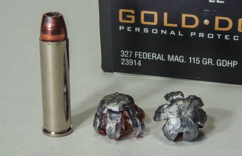 (above) Often overlooked because of its smaller caliber, the .327 Federal Magnum offers a serious punch. It’s capable of pushing these 115-grain Speer Gold Dot bullets well beyond the FBI’s suggested minimum penetration depth for duty handgun ammunition.