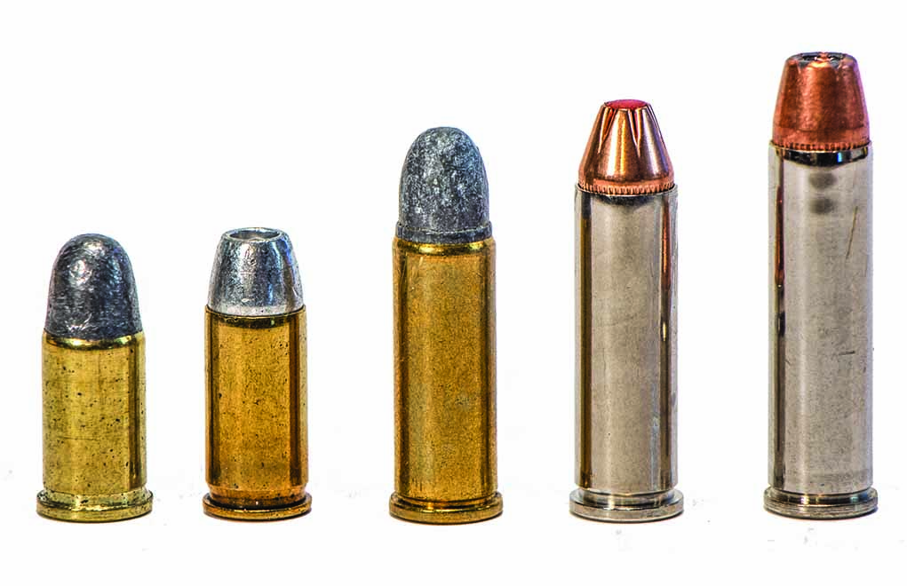 One revolver that can fire all five of these cartridges, covering a wide power range, is extremely versatile. (Left to right: .32 Short, .32 ACP, .32 Long, .32 H&R Magnum and .327 Federal Magnum.)