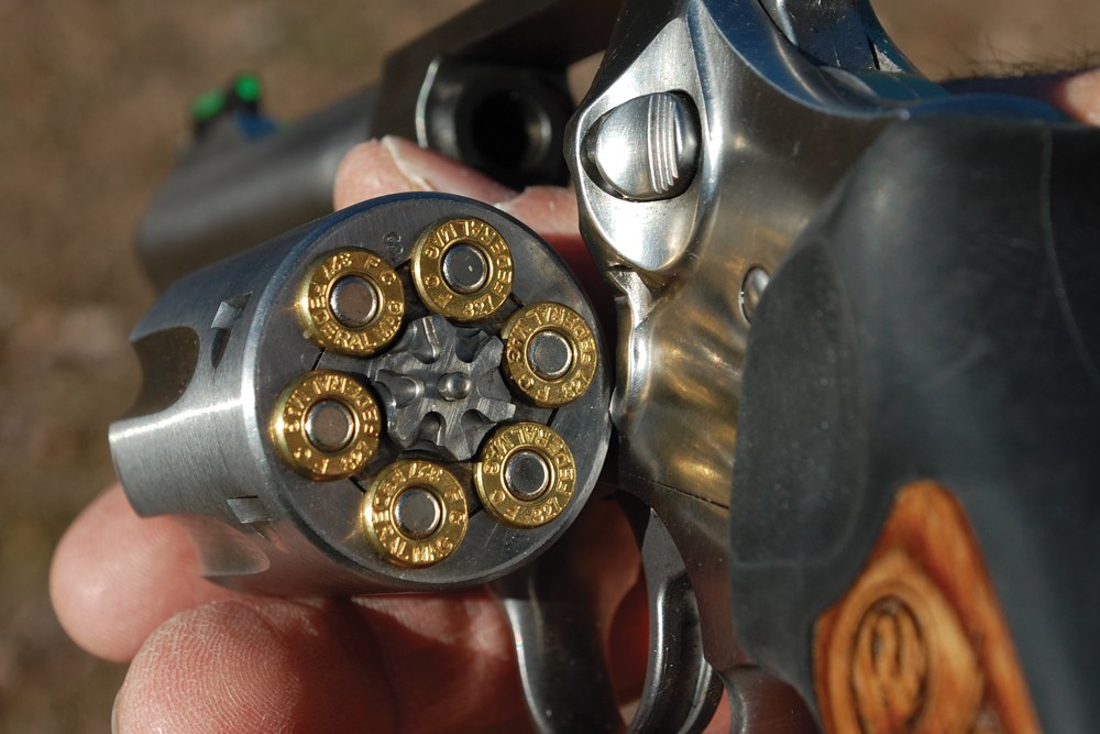 The sturdy SP101 holds six rounds and has ample steel around the high-pressure .327 Federal Magnum rounds.