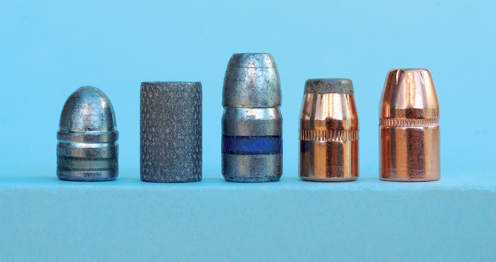 The .32s offer considerable versatility, as shown by the variety of bullets suitable for them. From left: 78-grain cast roundnose, Hornady 90-grain hollow-base wadcutter, 115-grain cast semiwadcutter, Sierra 90-grain Jacketed Hollow Cavity and Hornady 100-grain XTP (eXtreme Terminal Performance) hollowpoint.