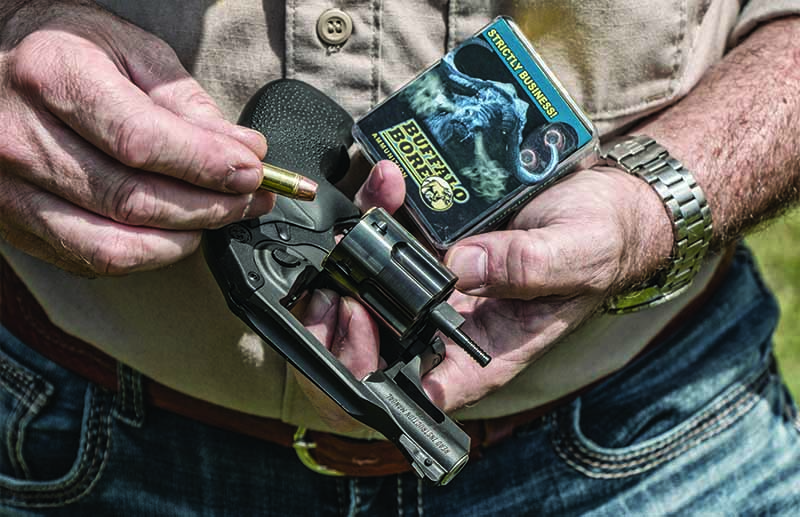 For self-defense with the little LCR, Buffalo Bore’s Heavy .38 Special +P 125-grain Low Velocity Jacketed Hollow Point load is an ideal choice.