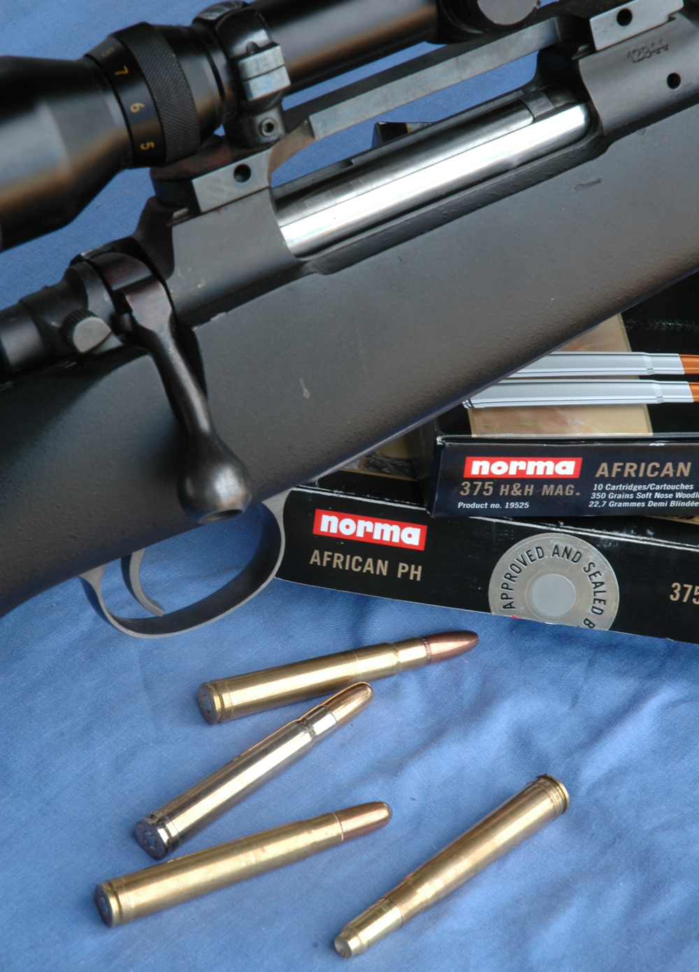 Wayne used this BRNO rifle in .375 for buffalo n Australia. He fired Norma Africa PH ammo featuring Woodleigh bullets.