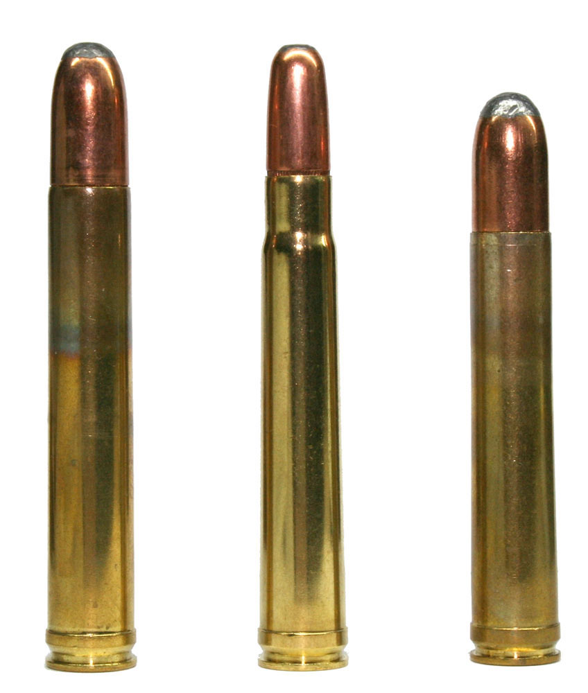 The .375 H&H cartridge (middle) bracketed by the .458 Lott (left) and the .458 Winchester Magnum (right).