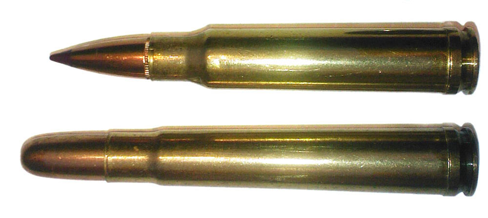 The .338 Winchester Magnum (top) compared to the .375 H&H (bottom).