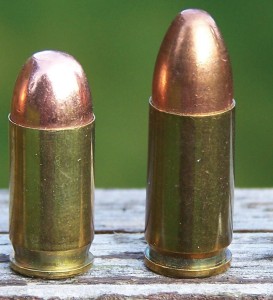 On the left, a .380 ACP with a 95-grain FMJ bullet, and on the right, a 9mm. 