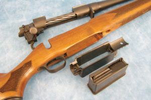 Mossberg’s Patriot employs a separate, polycarbonate bedding chassis that drops into the stock. It also serves as the well for the detachable magazine.