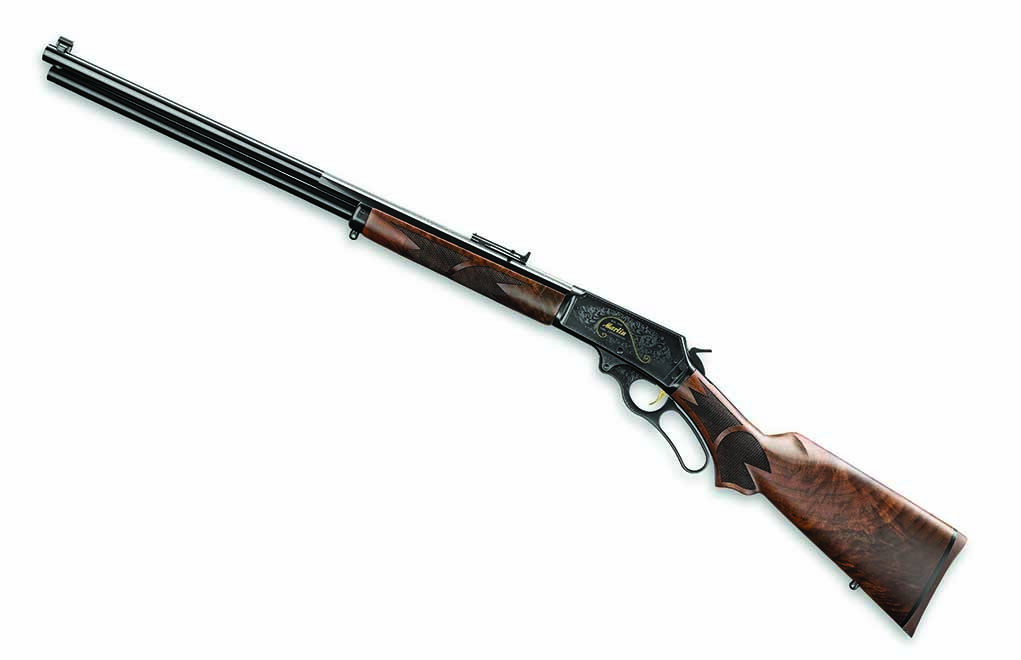 Marlin’s new-for-2020 150th Anniversary rifle is chambered for the .444 Marlin. It features a high-grade wood stock, checking, engraving, gold inlays and a long-range tangent sight.