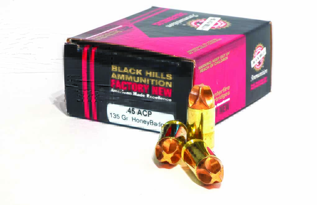 The new 135-grain .45 ACP Honey Badger load from Black Hills is a new form of hardball. It’s a solid copper projectile with a scalloped nose, it produces a muzzle velocity of more than 1,300 fps and it will penetrate about 18 inches in 10 percent ordnance gelatin.
