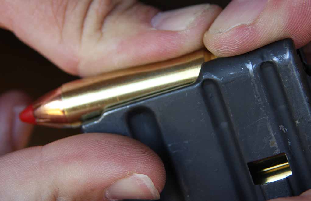 The .450 only fits into the AR magazine by slipping it under the feed lips.