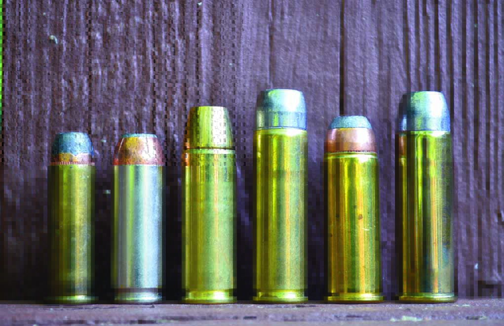 The .50 calibers from left to right: .44 Magnum (for comparison), .50 AE, .500 JRH, .500 S&W Magnum, .500 Linebaugh and the .500 Maximum.