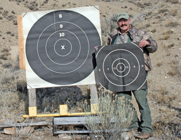 I like a large board on which to hang paper targets. The larger 1000 yard targets are ideal because their large area allows you to see hits that are off the mark. This is essential when checking zeros at longer range. The F-Class center is a little smaller than the 1000-yard target and I use it to practice for those shoots.