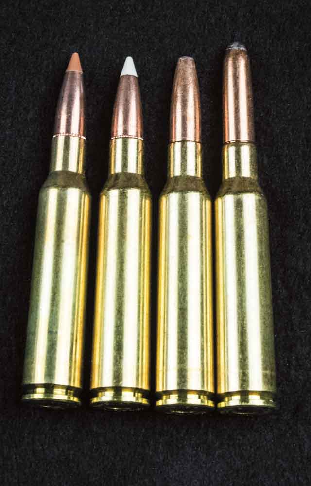 Here is a small sample of some of the factory-loaded ammunition available today to 6.5x55mm shooters. From left to right: a Norma-loaded 120-grain Nosler Ballistic Tip, a Nosler-loaded 140-grain Accubond, a Norma-loaded 156-grain Oryx and a Norma-loaded 156-grain round-nosed Alaskan.
