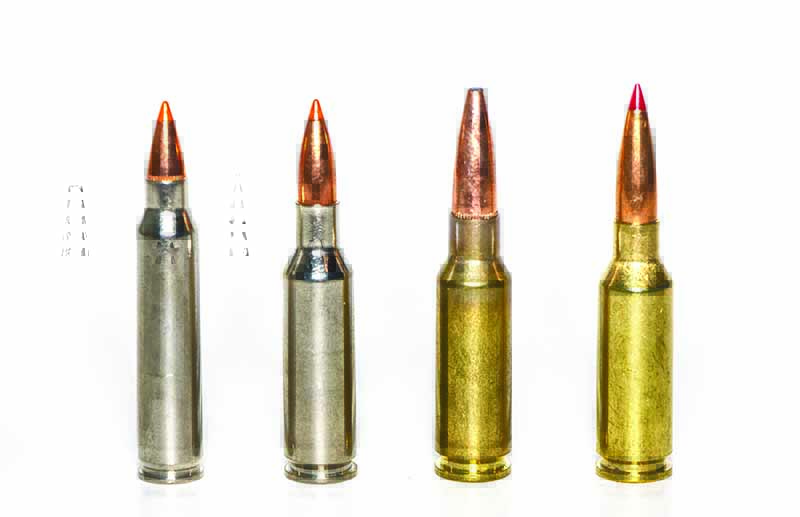 The .224 Valkyrie (second from left) and 6.5 Grendel (third from left) come close to matching the long-range performance of the 6mm ARC (right), but both fall short. All three cartridges out-class the .223 Remington (left) when the distance gets long.