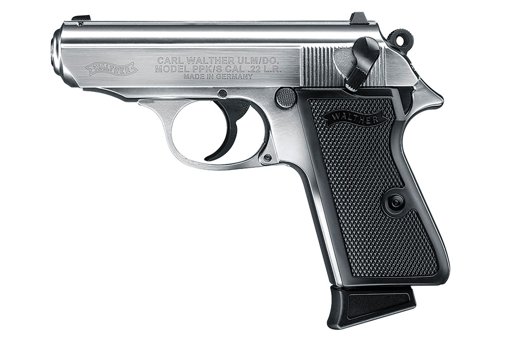 A true-to-scale Walther PPK in .22 LR is an ideal trainer to complement its .380 ACP-chambered big brother. Available in blued or nickel (pictured here), it's an easily concealable .22 that gushes with class.