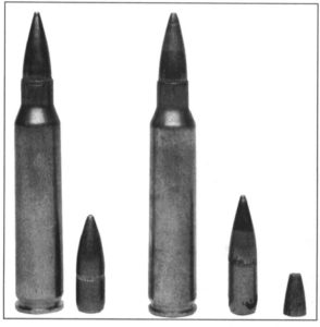 The combat 5.56×45mm. The M193 Ball Cartridge (left), 55-grain full metal jacket boattall bullet. The M855/SS109 Ball Cartridge (right), 62-grain full metal Jacket boattall with a hardened steel penetrator core. Identified by the green tip.