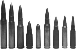 The battle cartridges of the 20th Century ( left to right ): 7.62×63mm (30-06 Springfield); 8mm Mauser; 7.62×54mm Russian; 7.92×33mm Kurtz; 30 US Carbine; 7.62×51 mm NATO (308 Winchester); 7.62×39mm Soviet; 5.56×45mm NATO (223 Remington) and the 5.45×39mm Soviet.