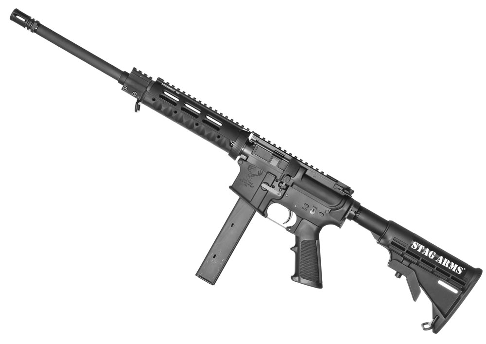 Stag Arms Model 9 pistol-caliber carbine, chambered 9mm, in left-handed configuration.