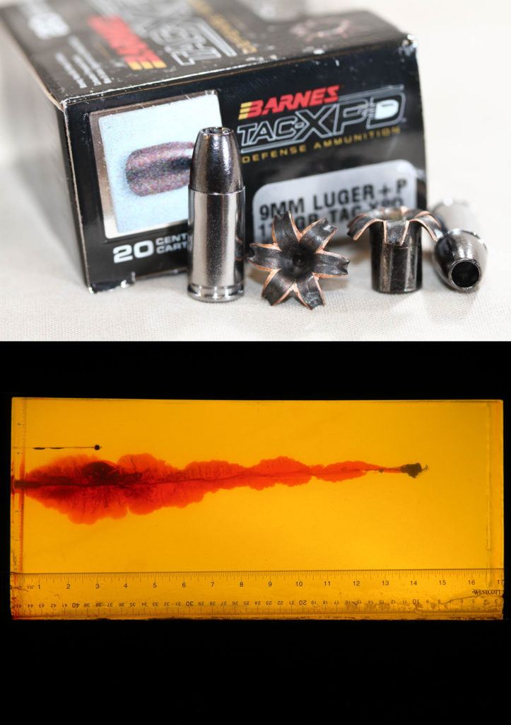 Top: The Barnes Tac-XP all-copper bullet is soft to shoot but performs like a champ. Bottom: You can see what the Tac-XP does in gelatin. It expands and penetrates, all with mild recoil.