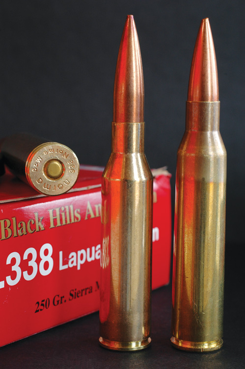  The .338 Norma (left) and parent Lapua are champs at four-digit yardages. Snipers agree!