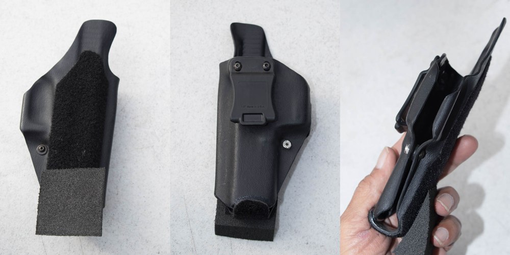 Left: One of Spencer Keepers’ AIWB holsters, this one for left-handed carry of a Glock. Note sweat guard and Keepers’ distinctive wedge, which helps tilt muzzle away from vulnerable areas. Center: From this side, the secure clip to hold the southpaw holster in place. Right: Seen here in silhouette.